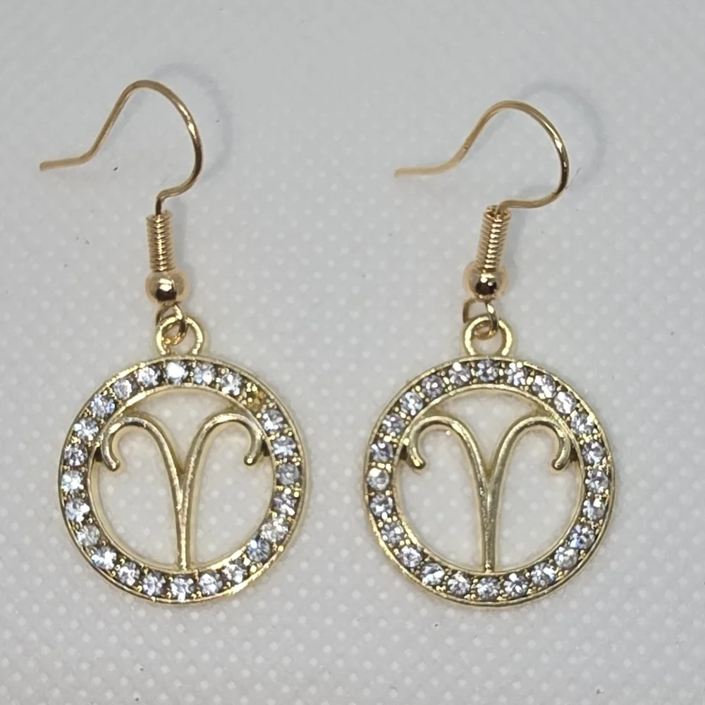 Zodiac Sign Hook Earrings! Hypo-Allergenic Handmade Gold Color with Cubic Zircon